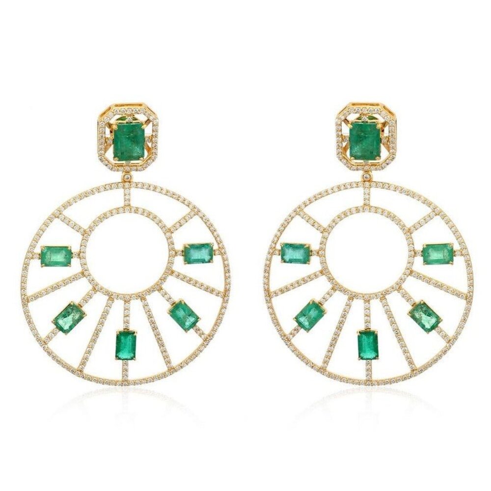 Emerald Diamond 14K (or 18k upon request) Yellow Gold Sunburst Statement Earring